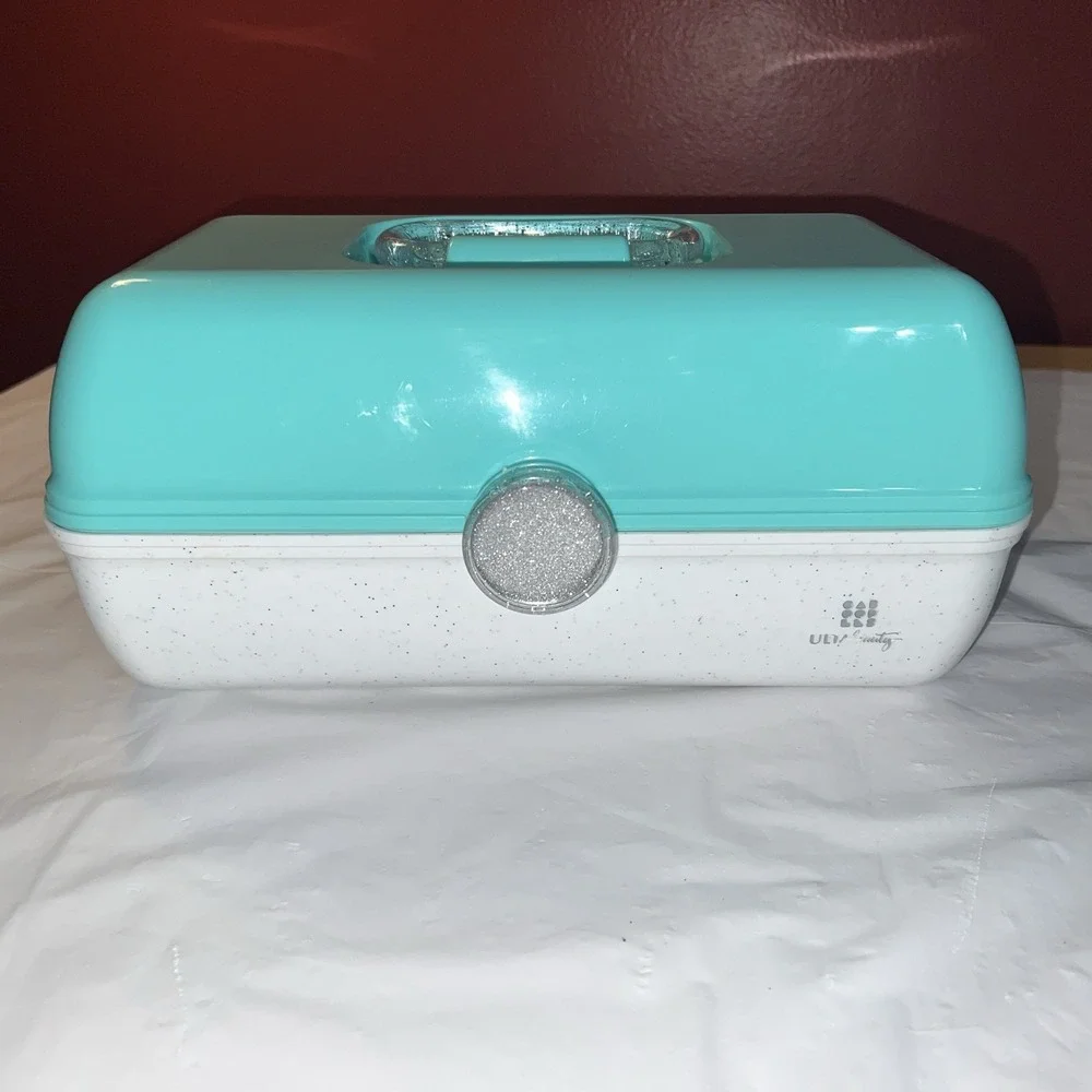 Caboodles Make Up Case Ulta Beauty Edition Aqua White Glitter Storage W/ Mirror